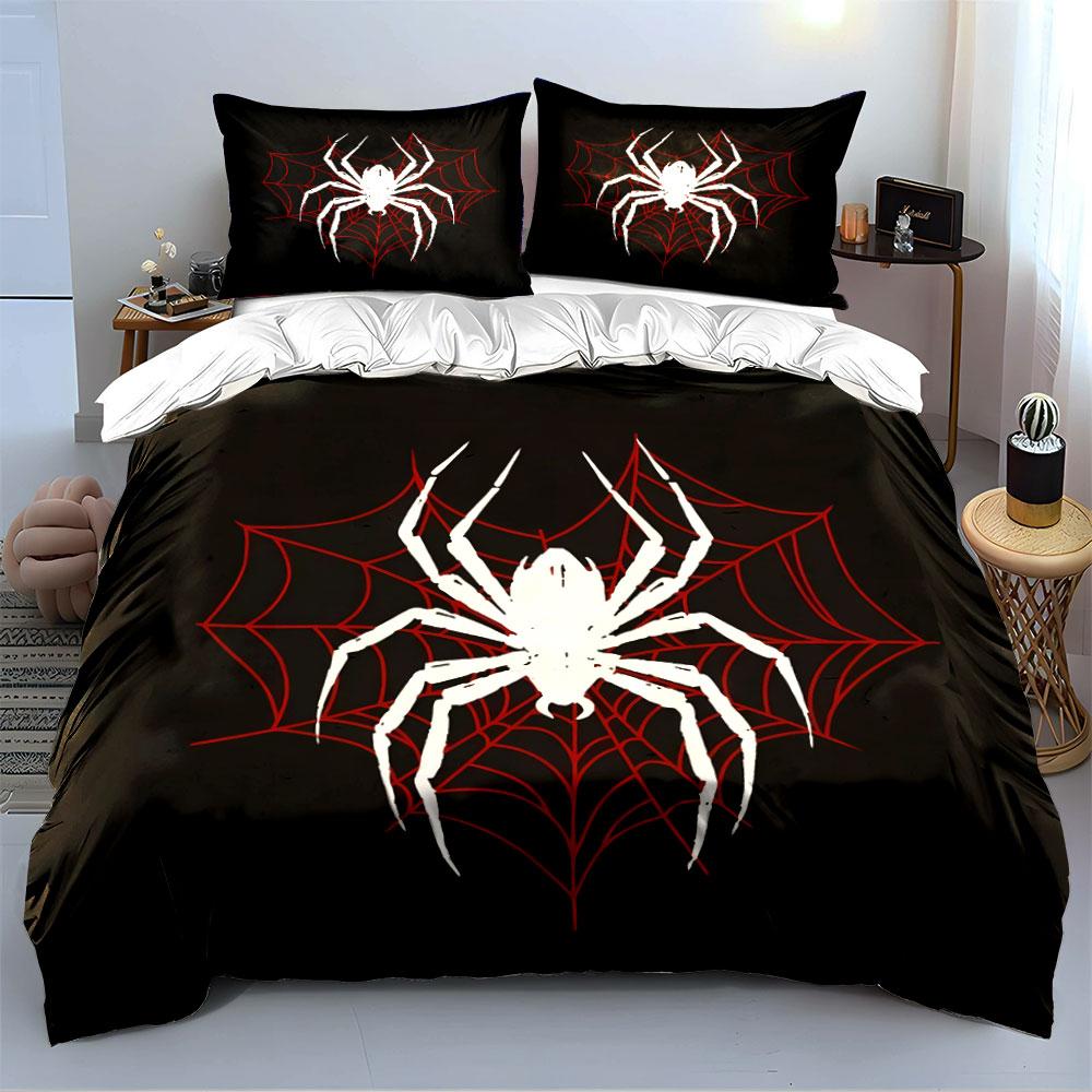 White Spider with Red Web Bedding Duvet Cover Set  (1*Duvet Cover 2*Pillowcases, Without Duvet Insert)