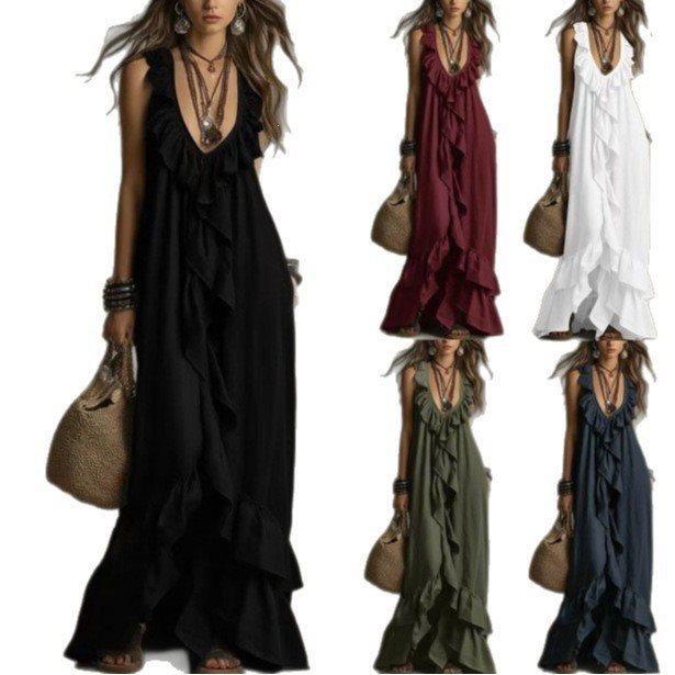 2026 Casual Bohemian Urban V-Neck Short Sleeve Ruffle Edge Vintage Dress Vacation Style