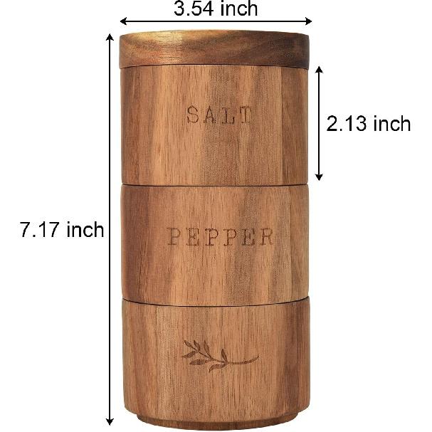 Acacia Wood Salt Pepper Shaker Set Cellar 3 piece Stacking Spice Box