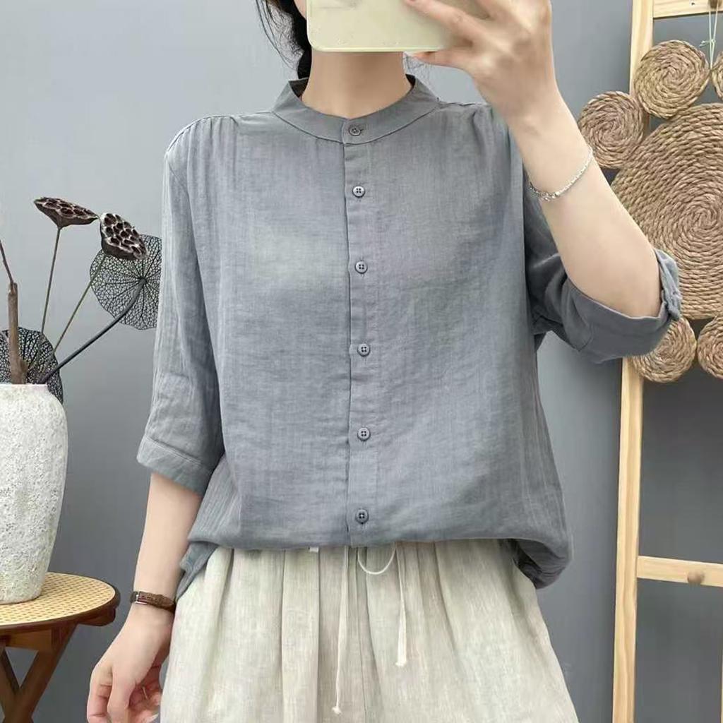 Women's Fashionable Casual Oversized Double-Layer Cotton Yarn Stand Collar Shirt With Mid-Length Sleeves In  Colour Top