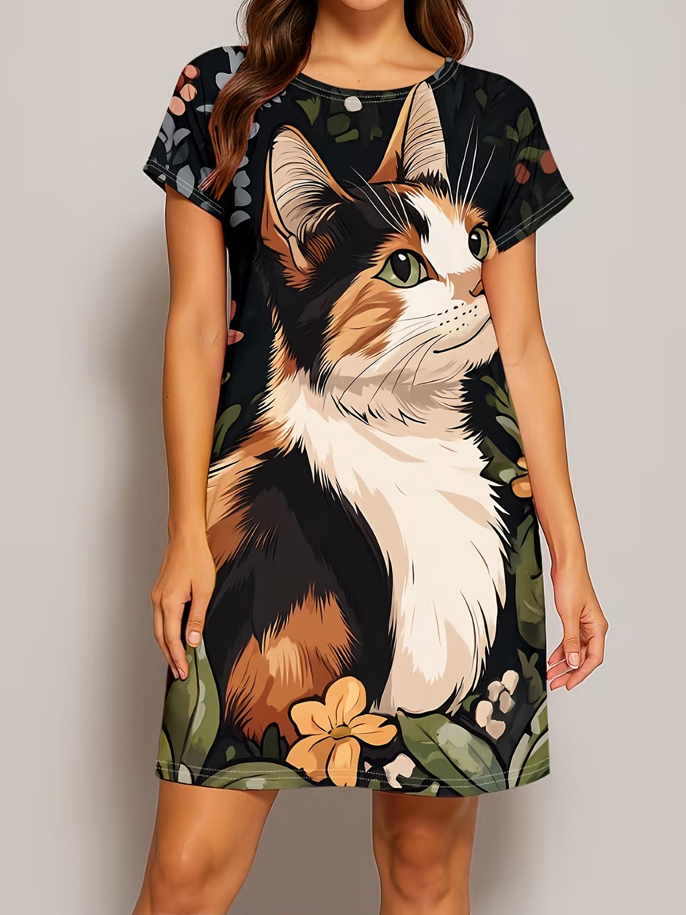 A New Cartoon Cat Print Nightgown Featuring a Floral Design. with a Round Neck And Short Sleeves. It S Stylish And Elegant. Offering a Relaxed And Com 6XL дубильная кора