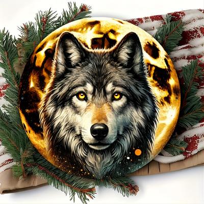 Vintage Wolfskopf Vollmond Nachthimmel Thema Runde Metallblechdose Schild Retro Wildtier Tier Wanddekor Kunstplakette