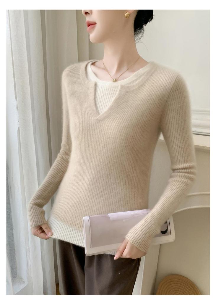 Double-Layer Striped Cashmere Knit Sweater with Mixed Neckline for Ladies