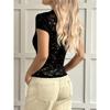 Women Lace Bow Tie Short Sleeve U Neck Fitted Sheer Mesh Crop Top