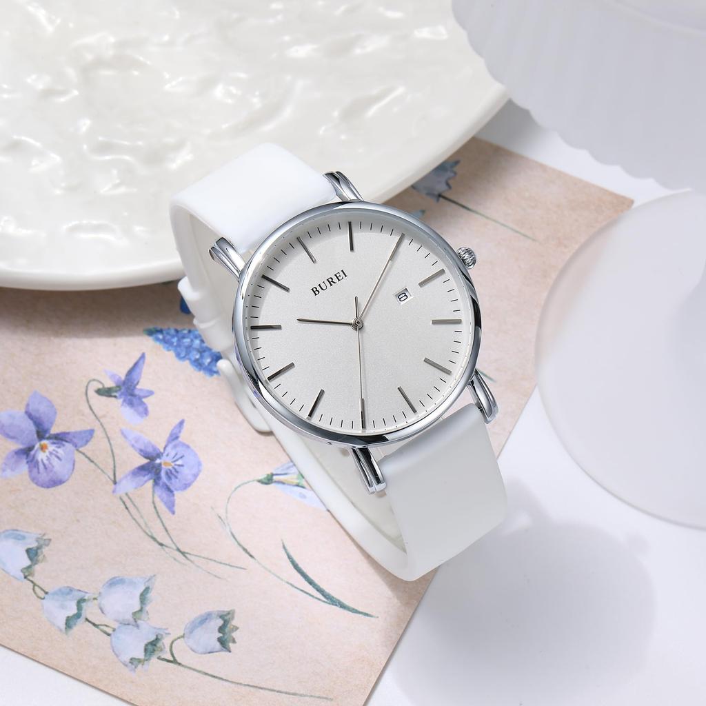 BUREI Men's Classic Analog Quartz Watch Date Ultra-thin Stainless Steel Mesh Band All Silver White Strap