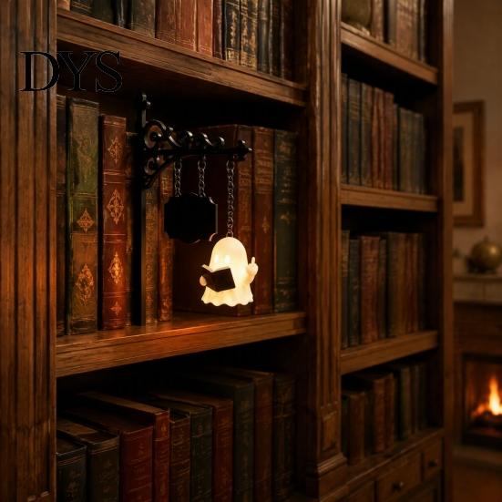 Reading Ghost Lamp Bookshelf Light, Vintage Metal Book Nook Lamp, Spooky Bookend Unique Gift for Lovers Ornament, Warm LED Shelf Light Decor