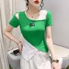 2023 European Style Slim Fit Off-Shoulder Hollow-Out Irregular Hem Color Block T-Shirt