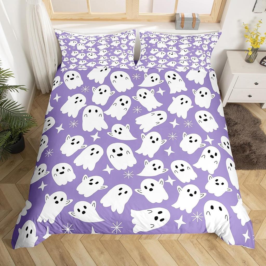 Ghost Duvet Cover Queen King Size Cartoon Cute Ghost Decorative Bedding Set for Kids Girls Teens Happy Halloween 3 Piece Set