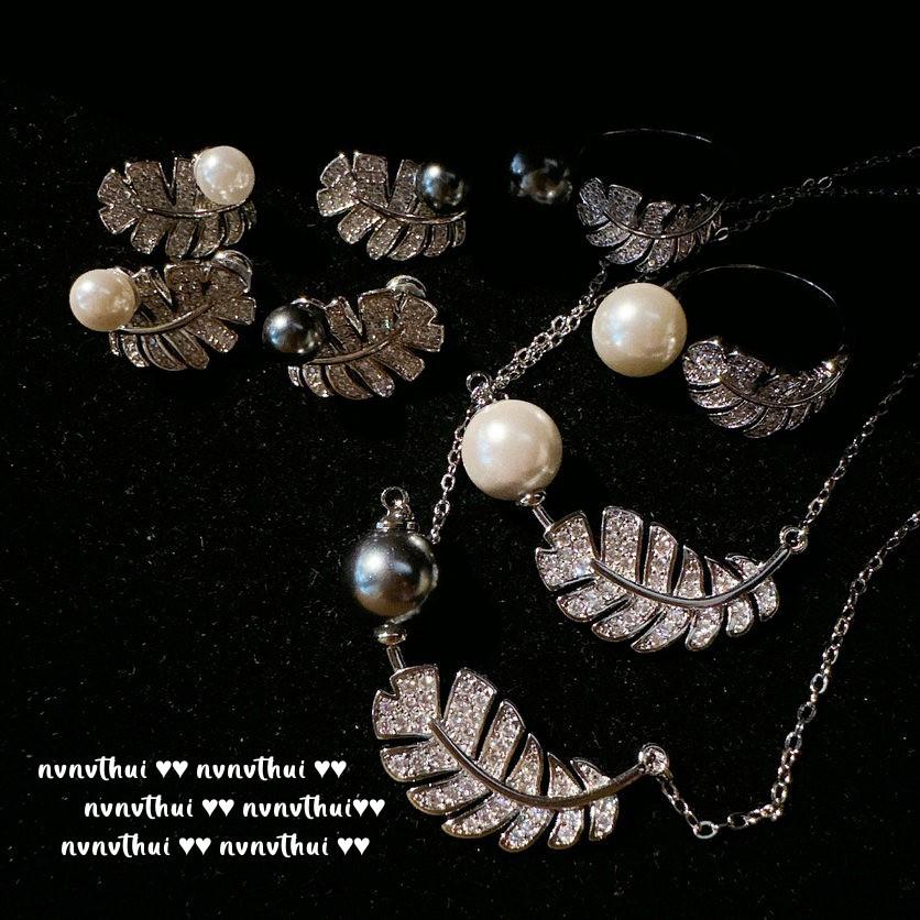 Mermaid Tears, Feather Gem Pearl Necklace, Tahiti, Lady Grey Bead Earrings, Feather Zircon Ring