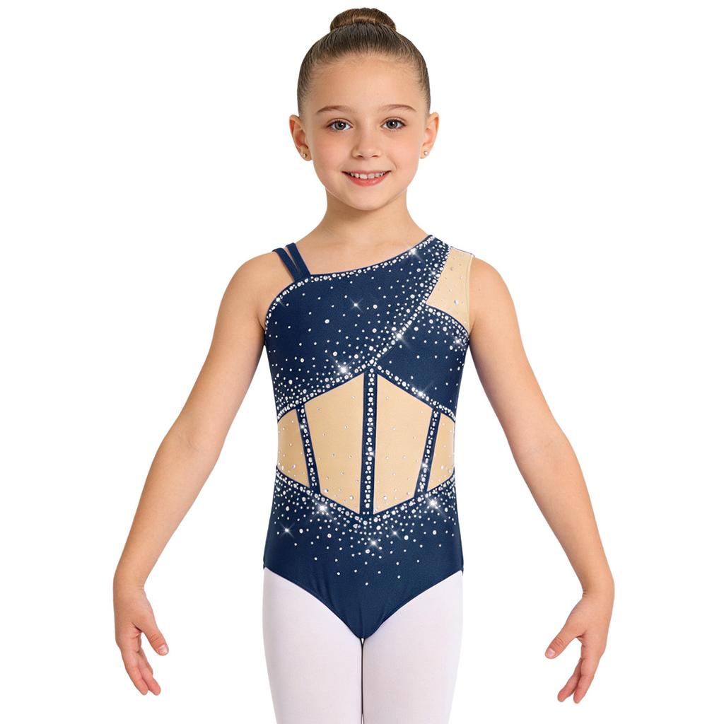 Meisjes Glanzende Strass Dans Leotard Mouwloos Asymmetrisch Kleurblok Bodysuit