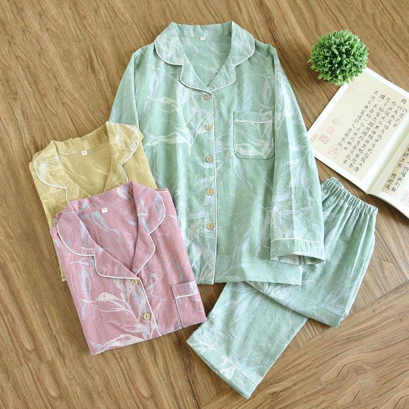 2026 New Spring and Autumn Women's Pajama Set 100% Cotton Color Knitted Jacquard Long Sleeve Large Home Furnishing Set