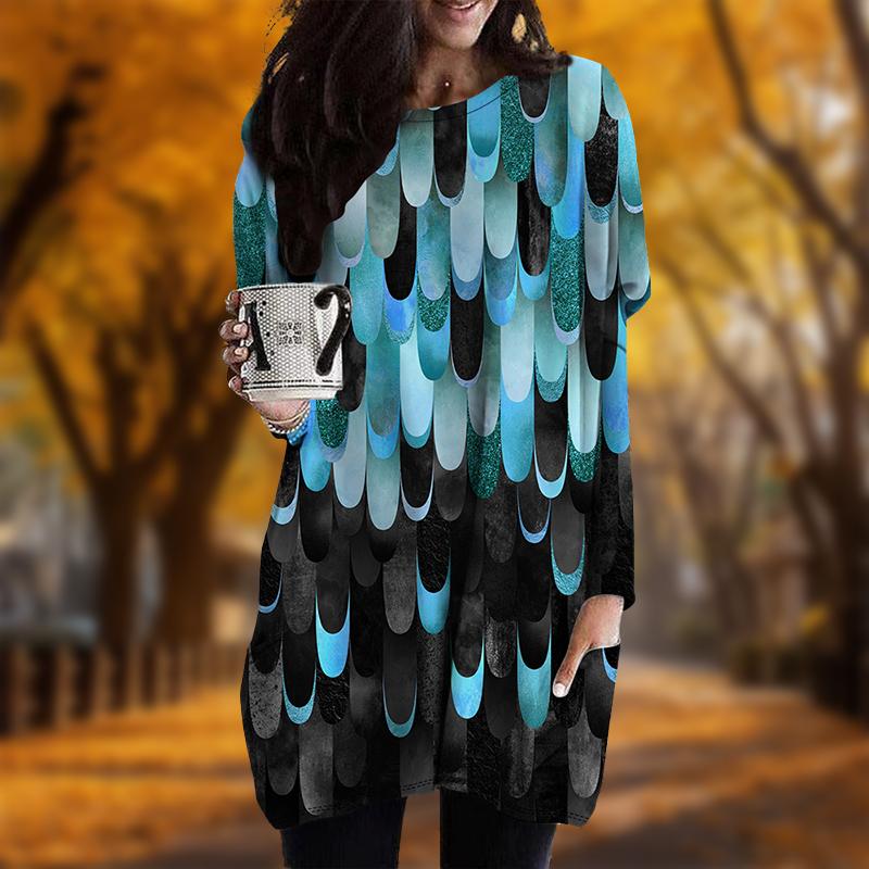 New In Autumn Raindrop Print Plus Size Dress Women O'neck Long Sleeves Casual Pocket Dresses