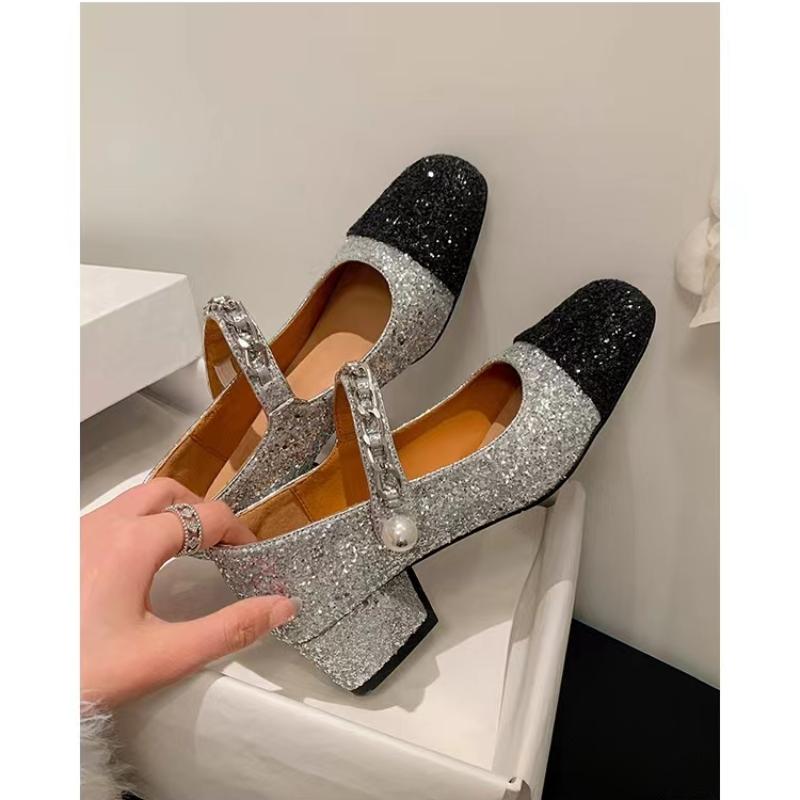 

Новые туфли Мэри Джейн, весна-лето 2024, женская обувь на массивном каблуке с блестящей жемчужной цепочкой, туфли-лодочки, вечерние платья, женская обувь на среднем каблуке