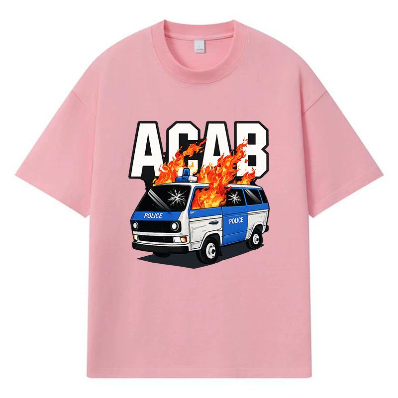 2026 Police Van With Fire Printed Graphic Y2k Harajuku Streetwear 100% Cotton T Shirt Casual Oversized Summer Men T-shirt