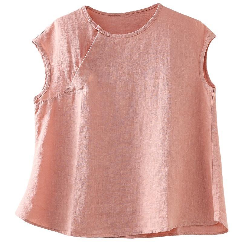 Summer Loose and Slim Round-neck Vest Top Simple Pure Color Cotton and Linen Sleeveless Women’s T-shirts