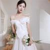 French Light Wedding Dress Simple Satin Door Yarn Mori Travel Photography Bride Wedding Engagement Dress One-word Shoulder Light Wedding Dress