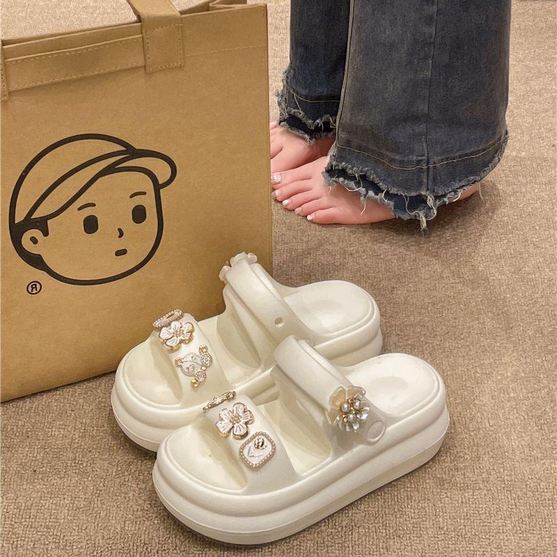 High-heeled sandals women's summer fashion outer wear cute flower pearl platform two wear beach non-slip cool slippers