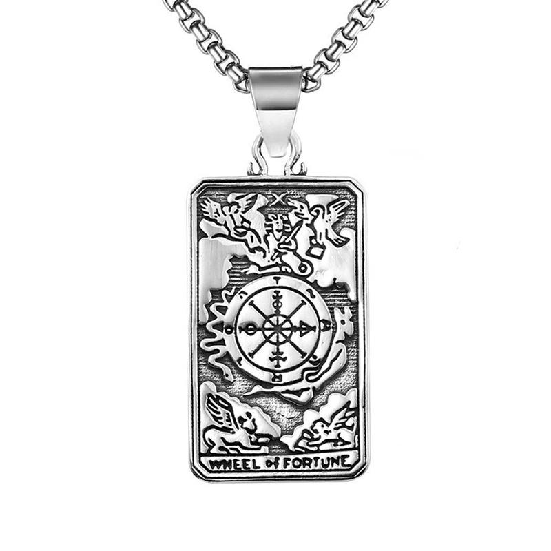 

Retro Tarot Card Pendant Necklace for Men Women Silver Color Hip-Hop Style Compass Pattern Neck Jewelry Stainless Steel Chain