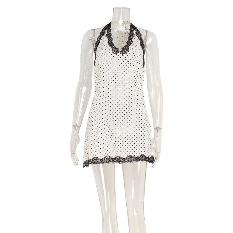 Polka Dot Summer Fashion Backless V Neck Short Dress Sleeveless Loose Slim Fit Print Sexy Party Dress Casual Sweet Lace Halter Neck Elegant Clothing