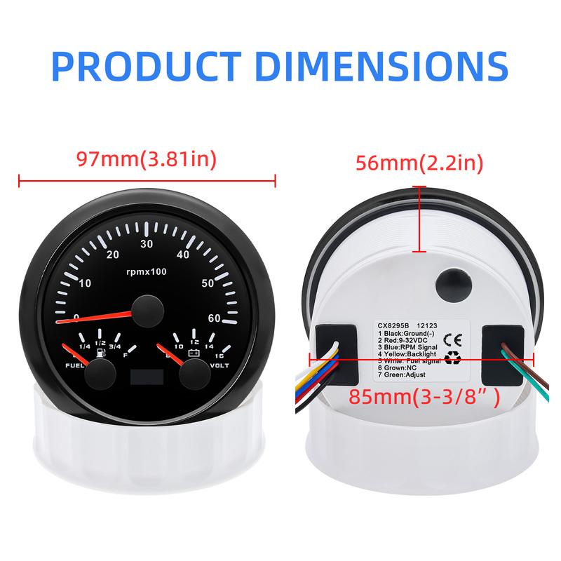 85mm Auto Car Gauge 3-in-1 Tachometer Fuel Level Voltmeter 7 Color Light Multimeter with Sensor 0-190ohm Boat/Yacht 12V