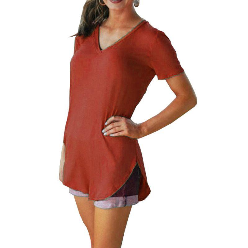 Damen Ärmel Kurz V-Ausschnitt Saum Locker Lässig T-Shirt Sommer Tunika Bluse Top