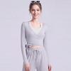 Womens V-Neck Long Sleeve Yoga Top With Tie Detail Breathable Fitness Crop Gym Running Workout