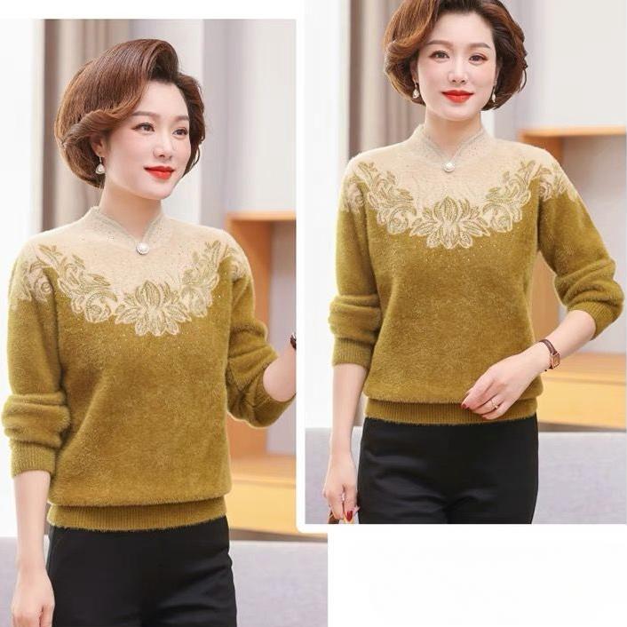 Autumn and Winter Women's Mink Fleece Sweaters Thick and Warm Plush Pullover Knitted Sweaters Stretch Print Flocked Knit Tops