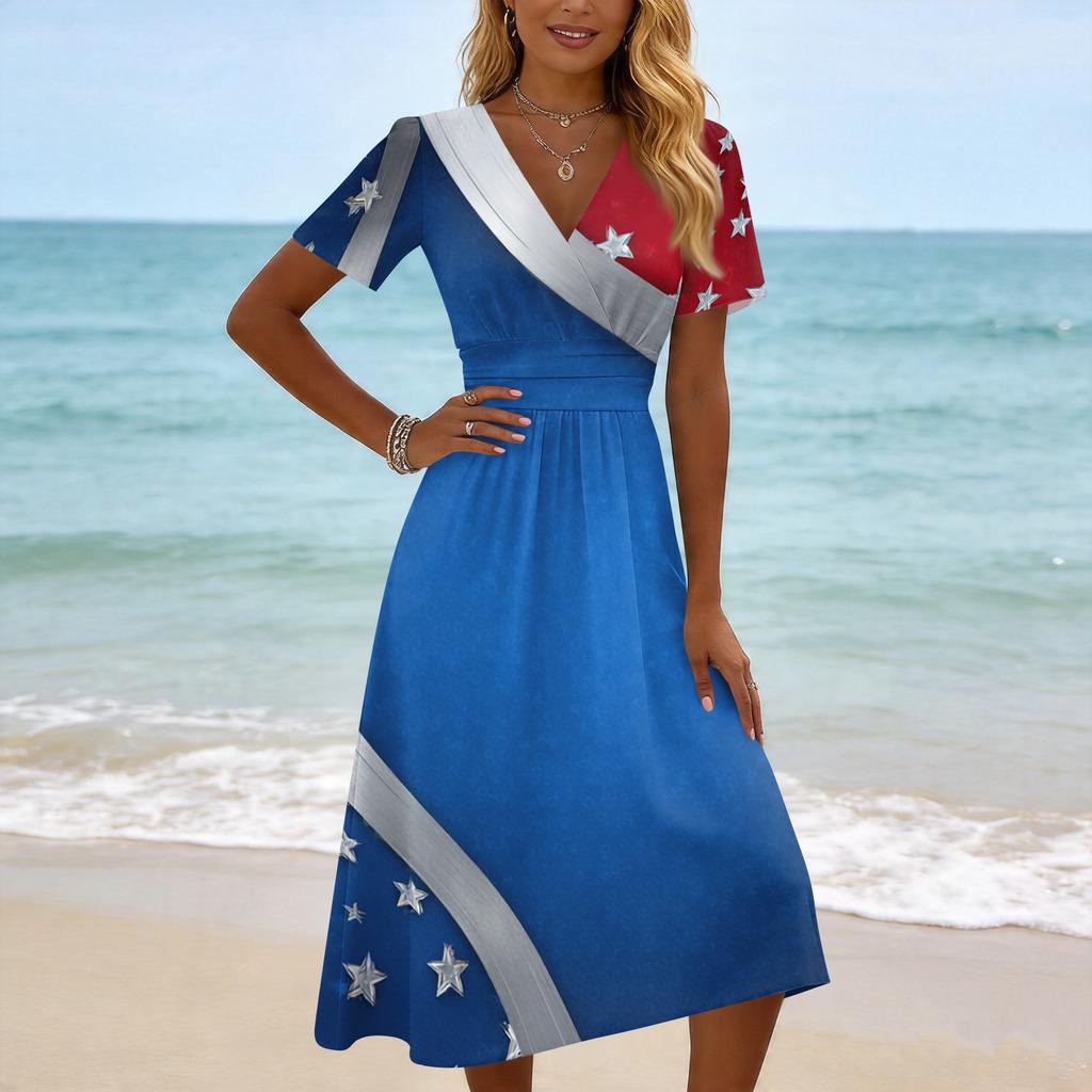Women's Casual Fashion Independence Day Printed Short-Sleeve V-Neck Dress