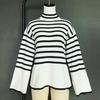 Women Fall Winter Turtleneck Long Sleeve Knit Striped Slit Loose Sweater