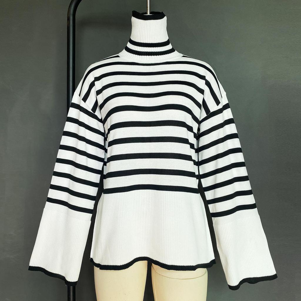 Women Fall Winter Turtleneck Long Sleeve Knit Striped Slit Loose Sweater