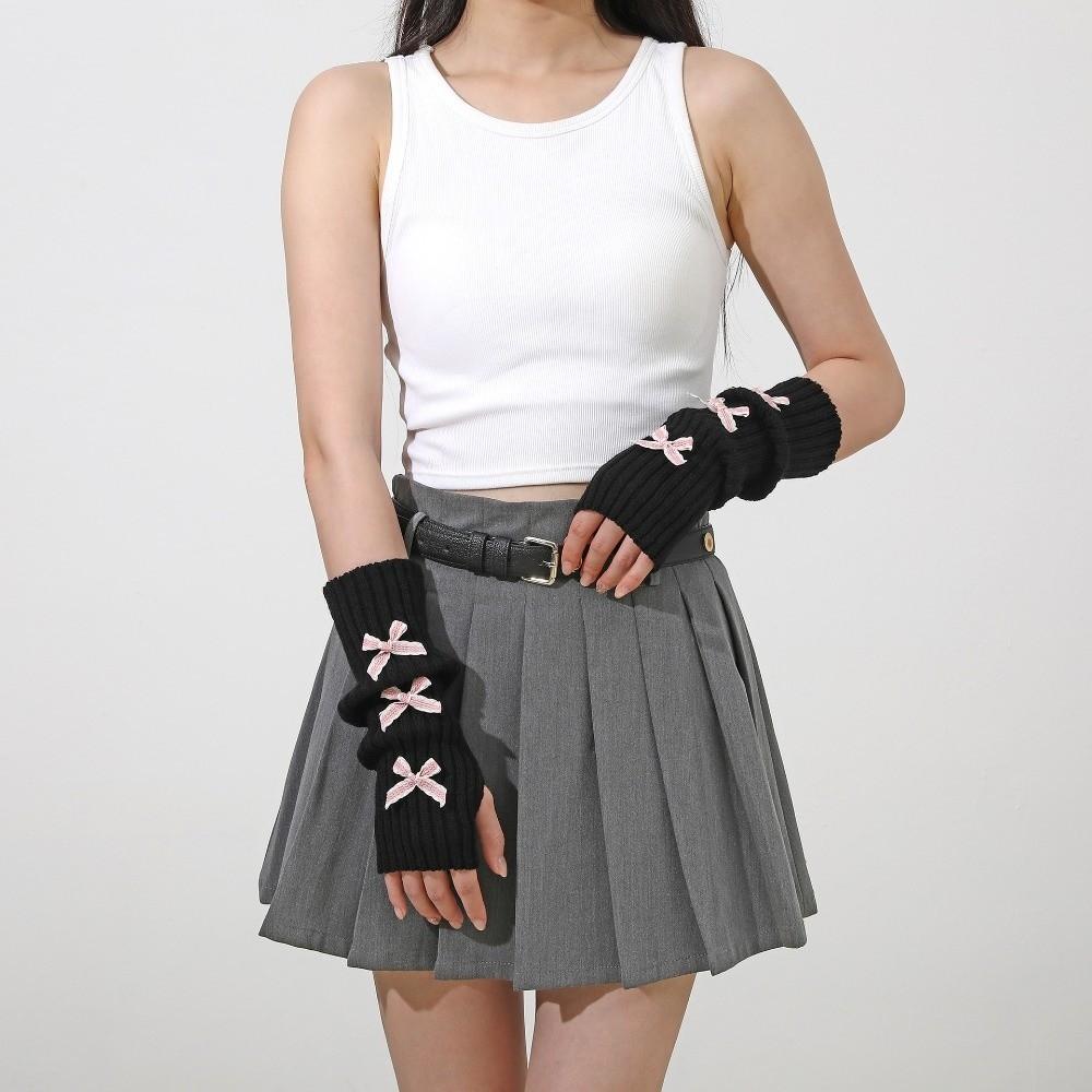 Y2K Bow Fingerless Gloves Thicken Hands Free Gloves Fashion Long Knit Arm Warmers Autumn