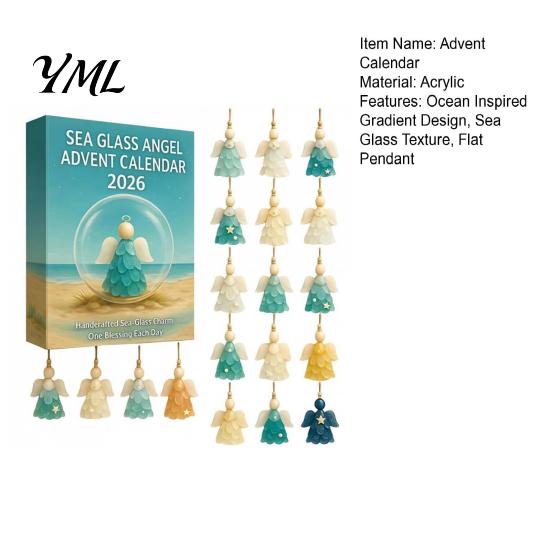 Christmas Tree Pendant Set Sea Glass Angel Advent Calendar with 24 Hanging Ornaments for Decoration, Ocean Theme Home Decor Handmade 2D Flat Pendants