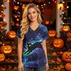 Women’s V Neck Short Sleeve Top with Halloween House Print and Functional Pocket for Healthcare Professionals
