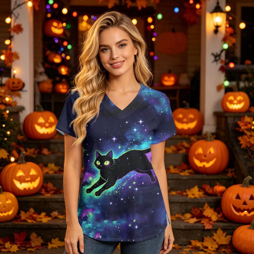 Women’s V Neck Short Sleeve Top with Halloween House Print and Functional Pocket for Healthcare Professionals