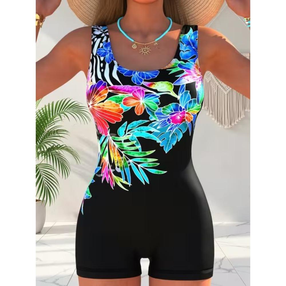 Summer Beach Pool Wear Leaf Pattern Printed One Piece Boy Short Swimsuit Women Athletic Slim Fit Bathing Suit