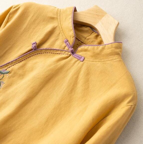 Cotton and Linen Medium-sleeved Embroidery Oblique Placket Disc Buckle Ethnic Style Retro Shirt Female Spring and Summer New Models