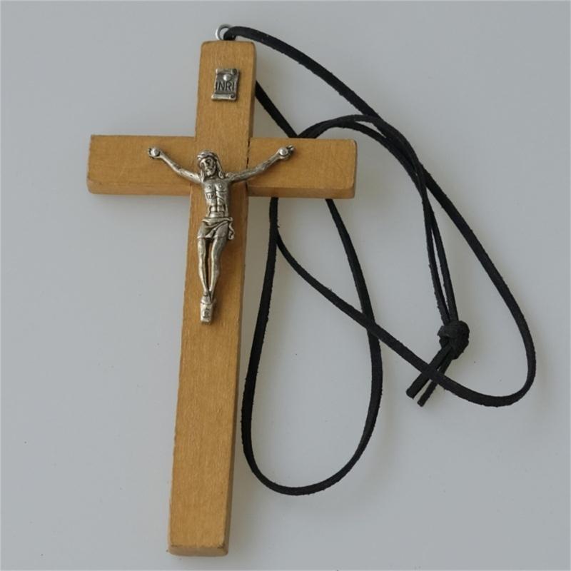 Soild Wooden Cross Zinc Alloy Necklace Jesus Catholic Cross Church Ornaments Natural Wooden Cross Chain Necklace