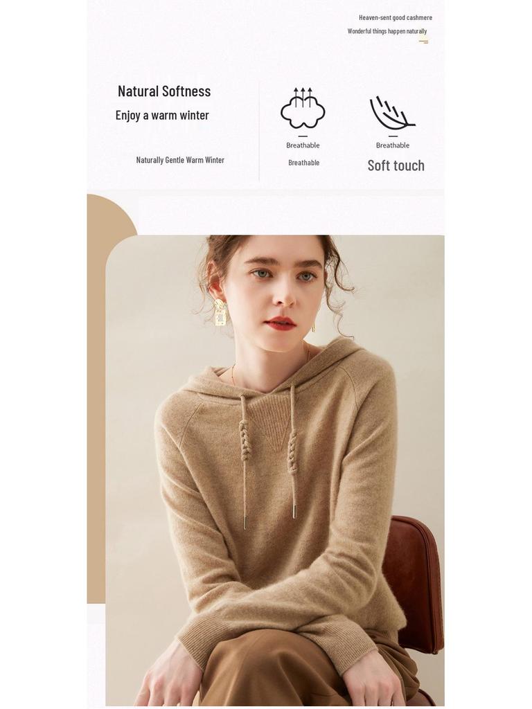 Women's Cashmere Hooded Sweater - Autumn/Winter Loose-Fit, Casual, Long-Sleeve Knit Pullover