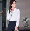Women's Wrinkle-Resistant Chiffon V-Neck Long-Sleeve Shirt - Collarless White Workwear Top for Autumn