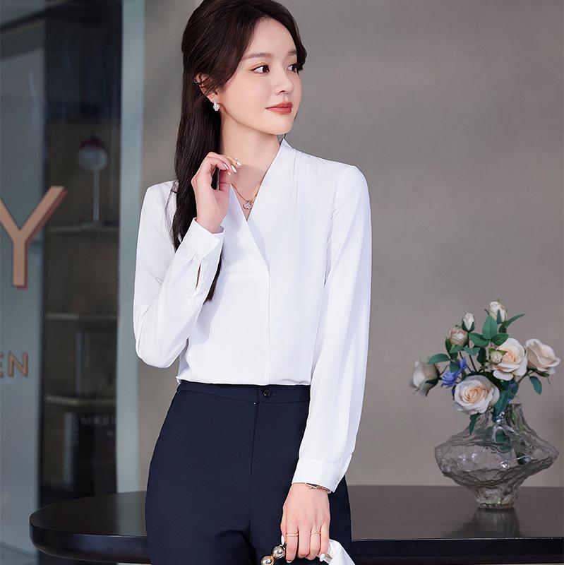 Women's Wrinkle-Resistant Chiffon V-Neck Long-Sleeve Shirt - Collarless White Workwear Top for Autumn