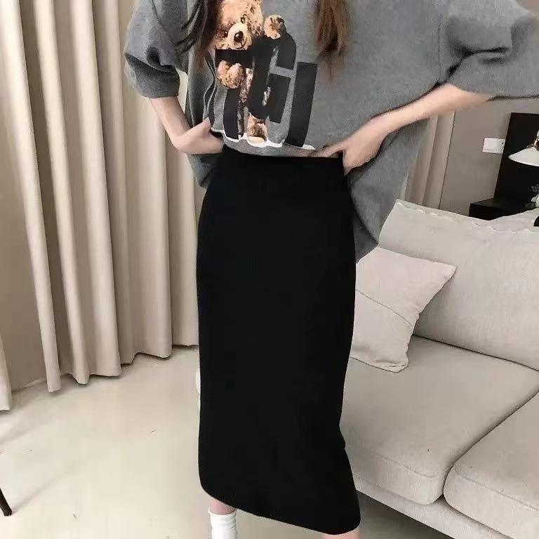 Cashmere Pink Knitted Skirt with High Waisted Slit Winter Sweater Mid-length One-step Skirt with Hip Skirt Gentle Style