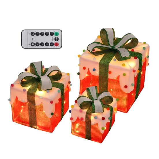 3 Stück Weihnachtsgeschenkboxen mit Beleuchtung und Schleife LED Leuchtende Geschenkboxen für Innen- und Außenbereich Zuhause Veranda Weihnachtsbaum Partydeko