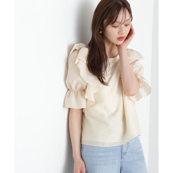 Proportion Body Dressing Ribbon Ruffle Blue Women's Blouse, 5/8 Sleeve,