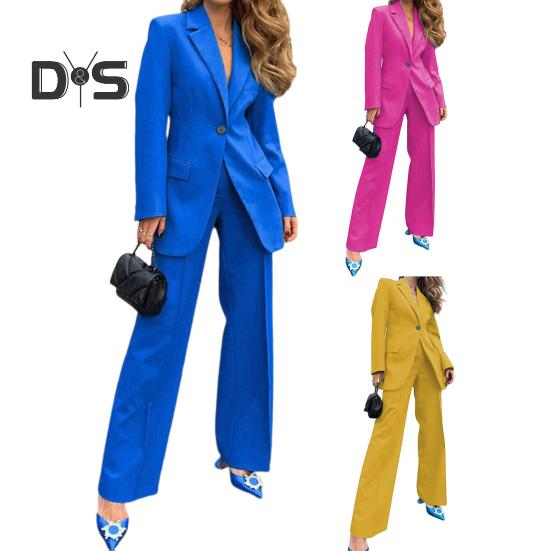 2 buc/set femei haină pantaloni costum culoare solidă rever formal stil de afaceri cu mânecă lungă cu un singur buton picior lat drept navetă birou haină damă pantaloni