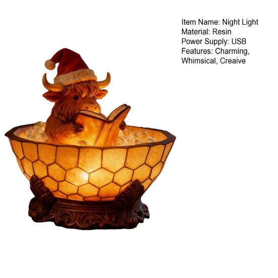 Highland Cow Bubble Bath Night Light Cute Highland Cow Reading Book Lamp 3D Resin Bathtub Highland Cow Sculpture for Indoor Desk Table Shelf Fireplace