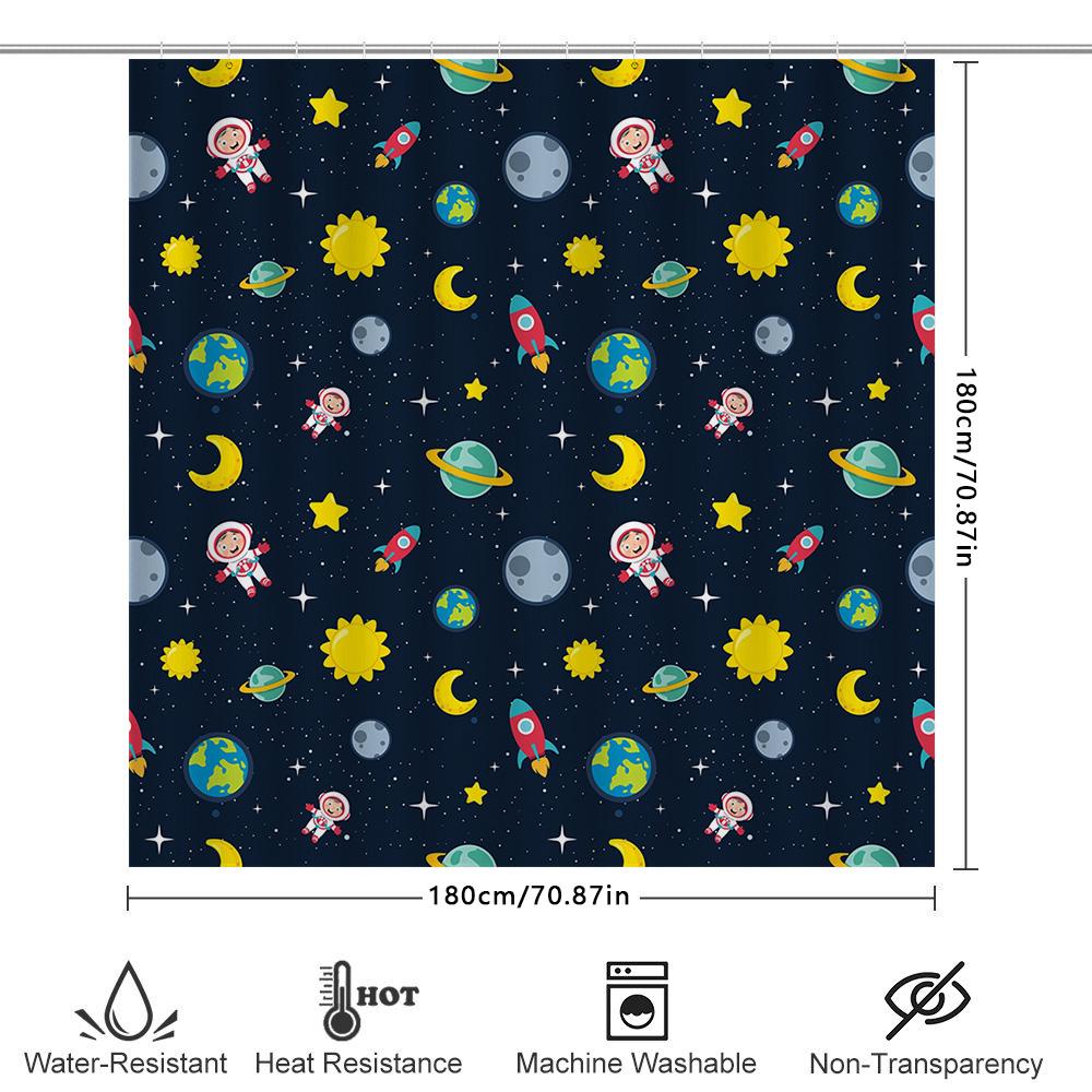 Space-Themed Shower Curtain Set With Astronaut Pattern For Home Decor In Navy Blue 180X240Cm Waterproof Fabric