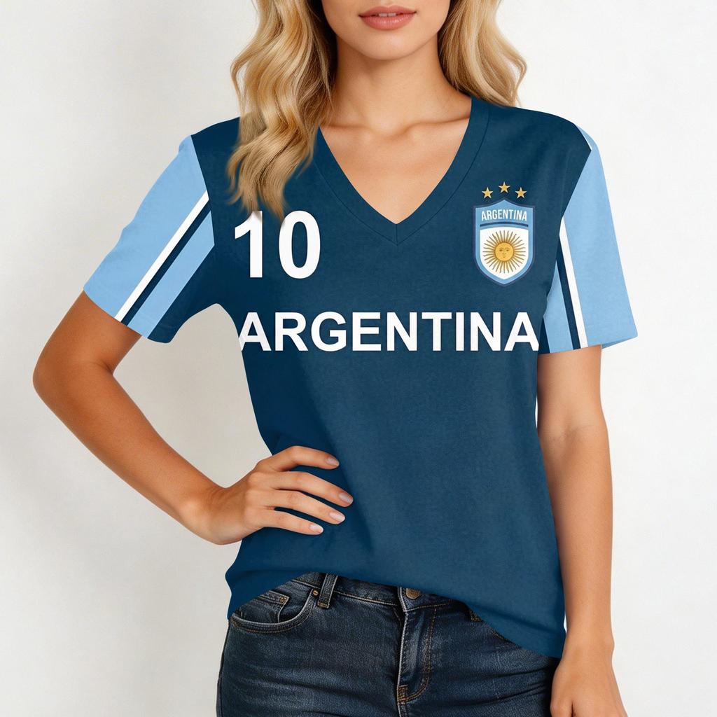 Women's Short Sleeve V-Neck T-Shirt with Soccer Flag Print for Casual Day Wear