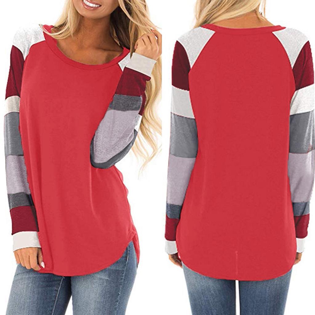 Women Fashion  Loose Patchwork Long Sleeve T-shirt Top Blouse Pullover