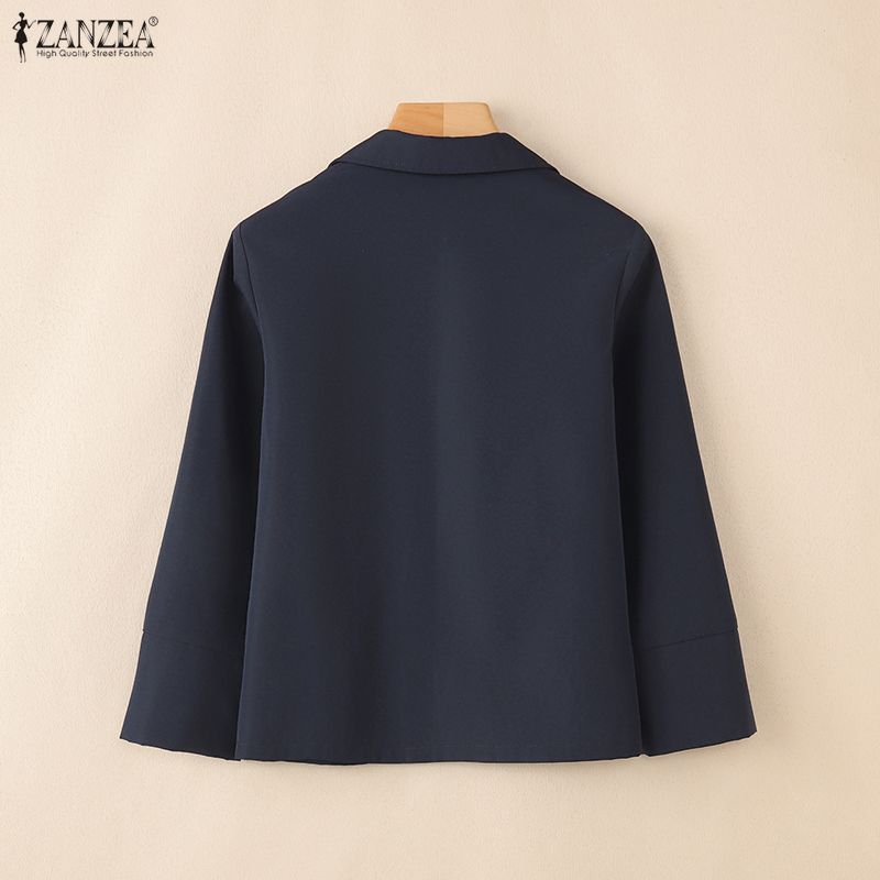 ZANZEA Women Casual Turn Down Collar Solid Color 3/4 Sleeve Cardigan Blouse