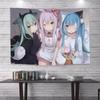 Kawaii Anime Girl Peeking Tapestry  Light Blue Wall Hanging with Cute Chibi Cat Ideal for Pastel Otaku Bedroom Decor